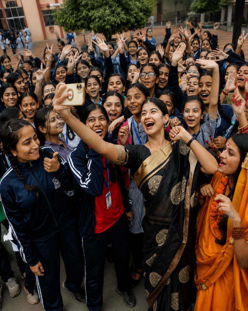 Teacher taking a selfie with a joyful group of students